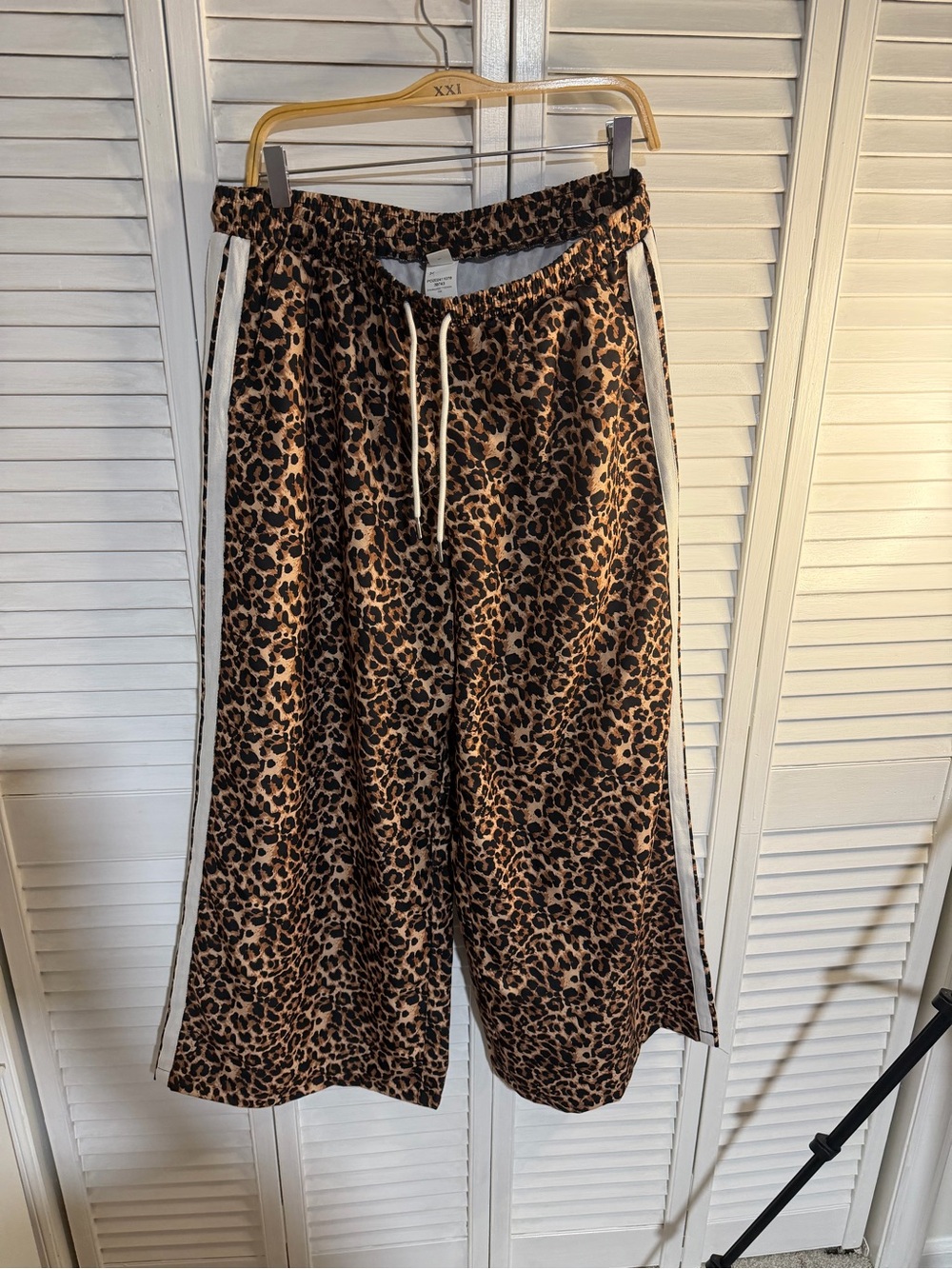 H&M Leopard Print Wide-Leg Track Pants with White Side Stripes